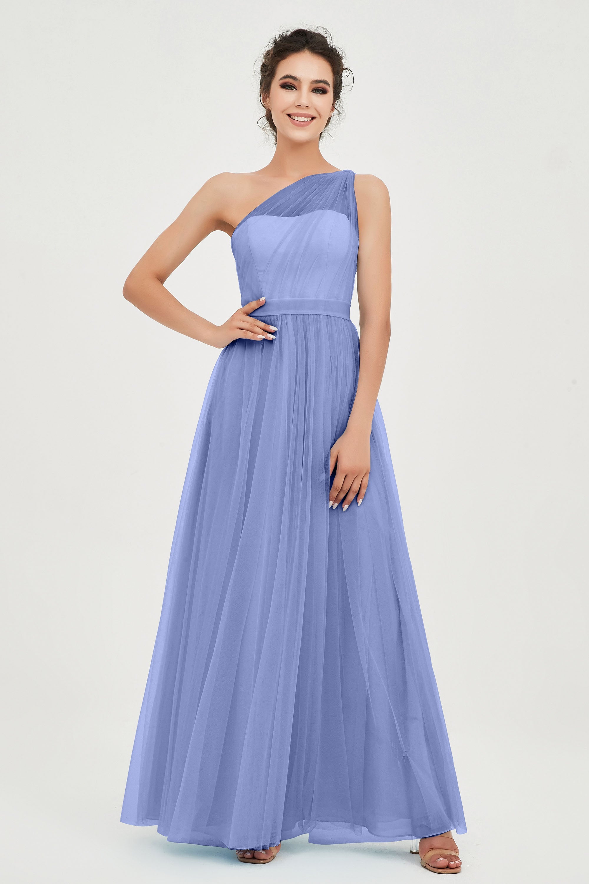 One Shoulder Tulle Ruched Bridesmaid Dress A Line Formal Evening Prom Dresses Gowns