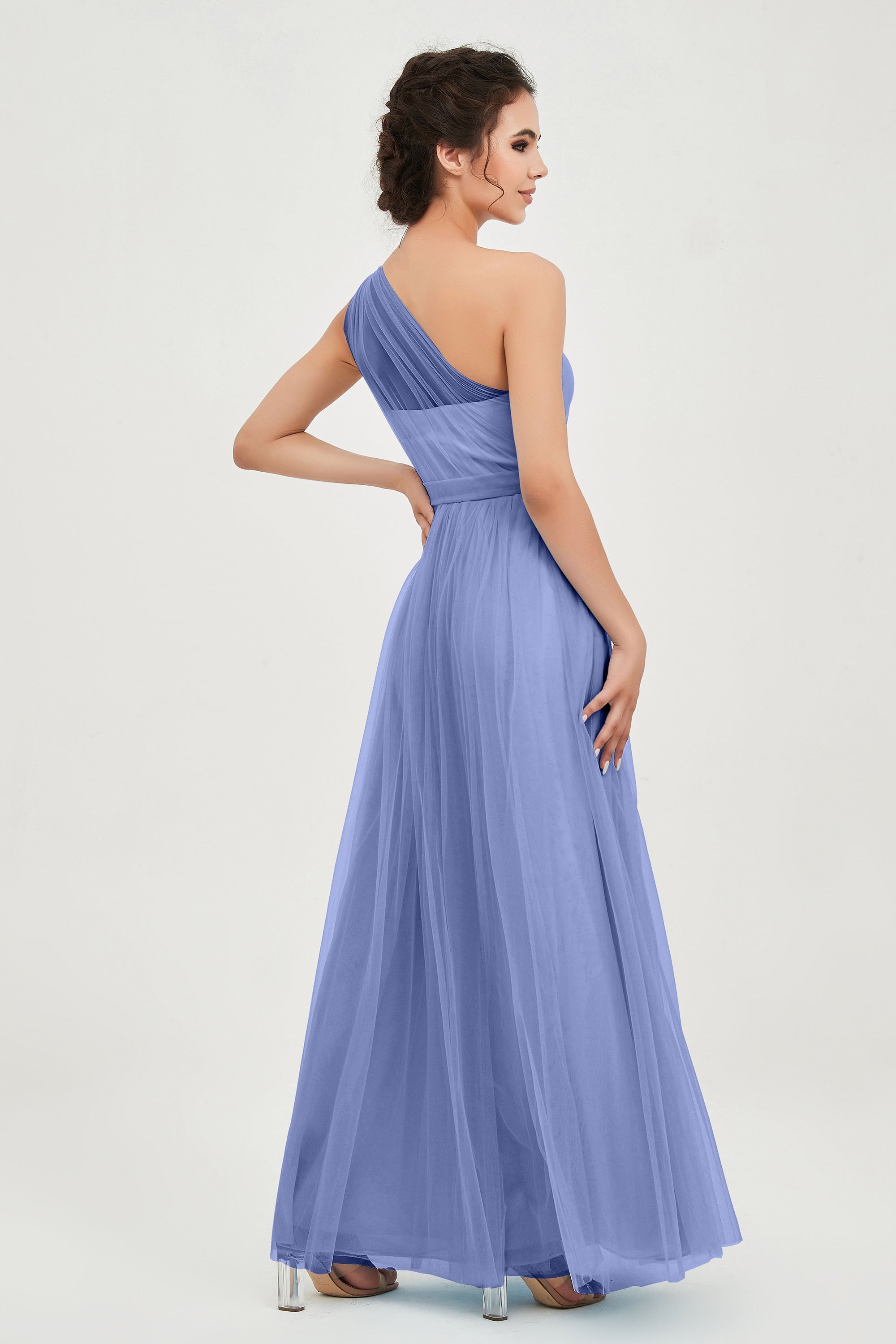 One Shoulder Tulle Ruched Bridesmaid Dress A Line Formal Evening Prom Dresses Gowns
