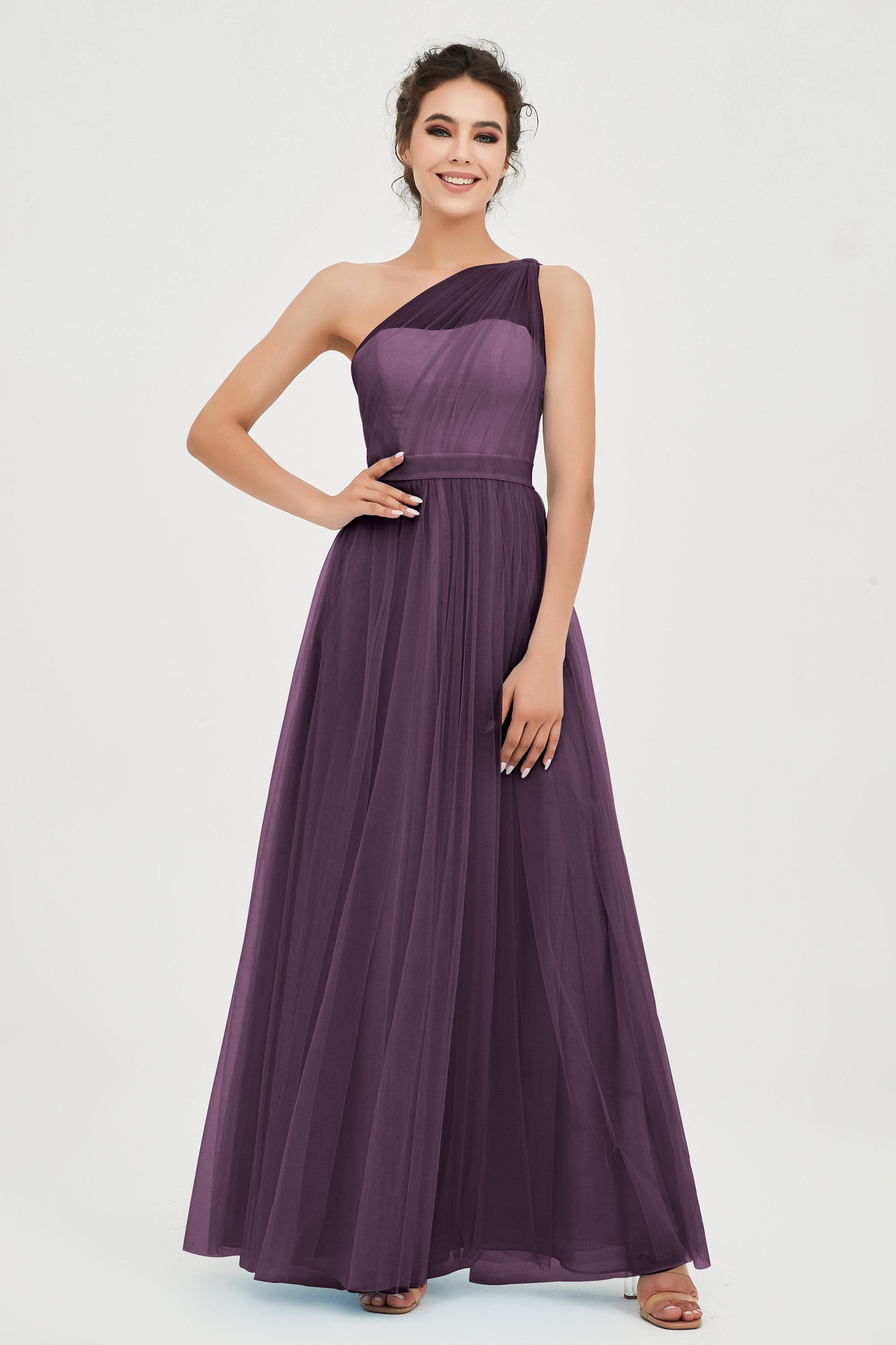One Shoulder Tulle Ruched Bridesmaid Dress A Line Formal Evening Prom Dresses Gowns