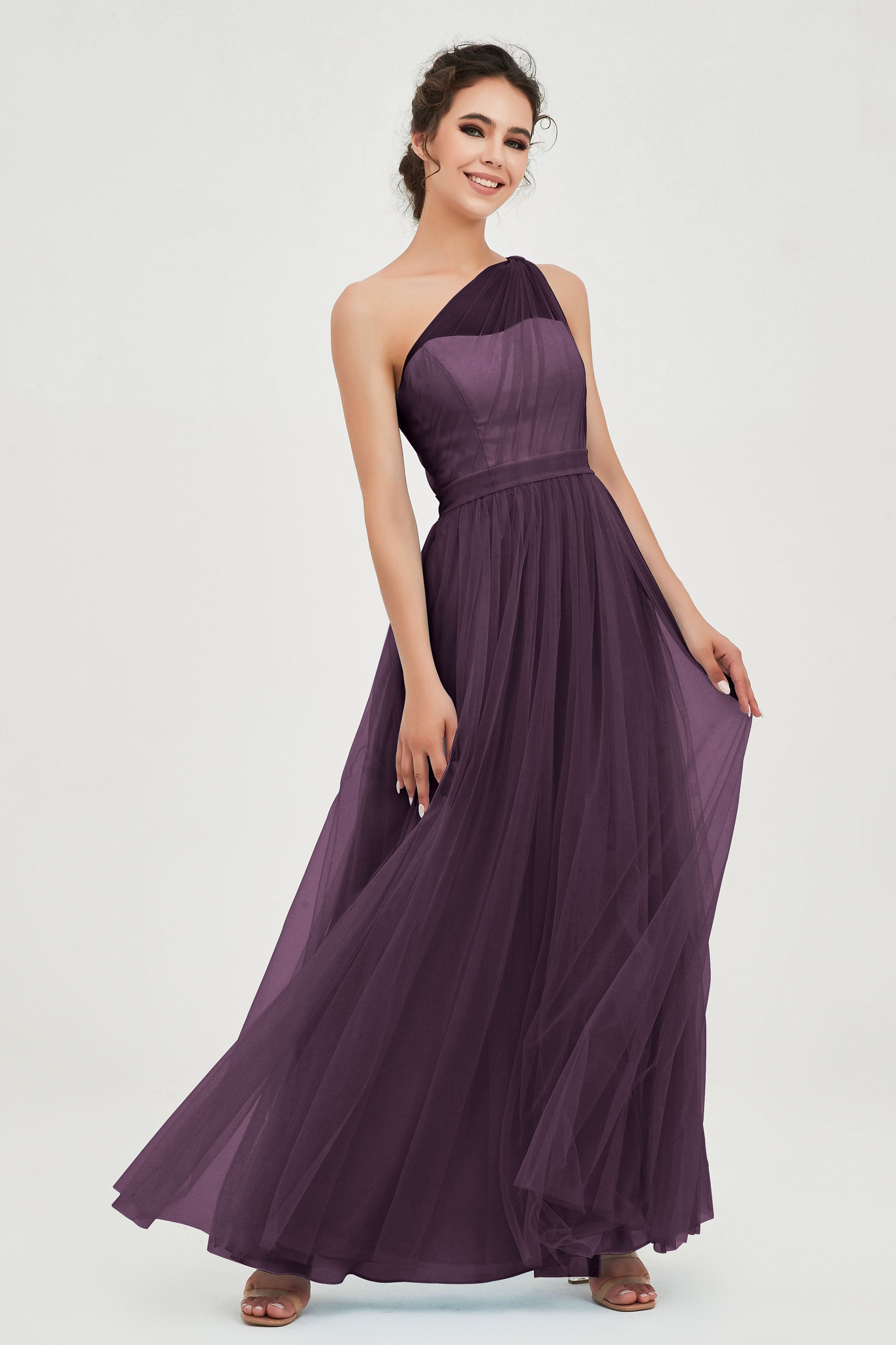 One Shoulder Tulle Ruched Bridesmaid Dress A Line Formal Evening Prom Dresses Gowns