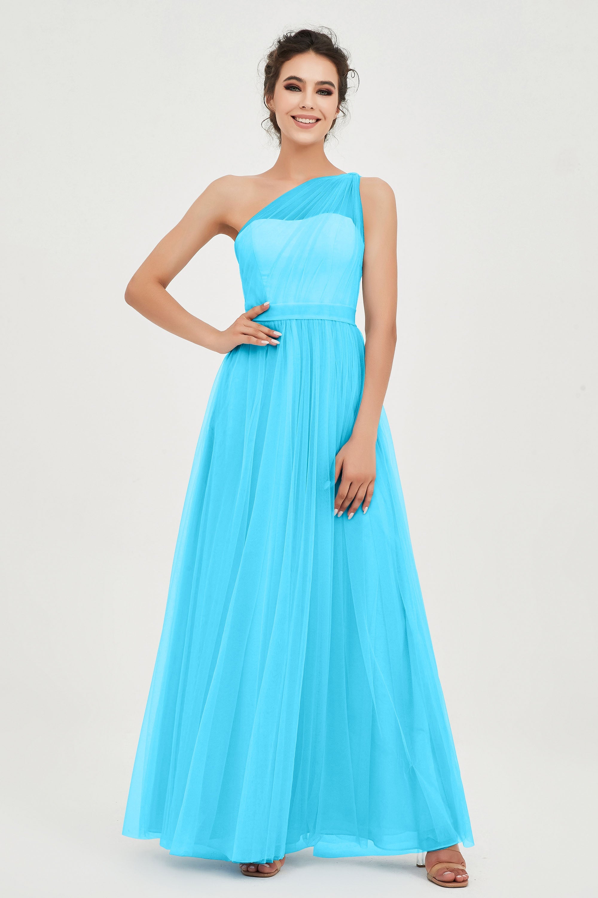 One Shoulder Tulle Ruched Bridesmaid Dress A Line Formal Evening Prom Dresses Gowns