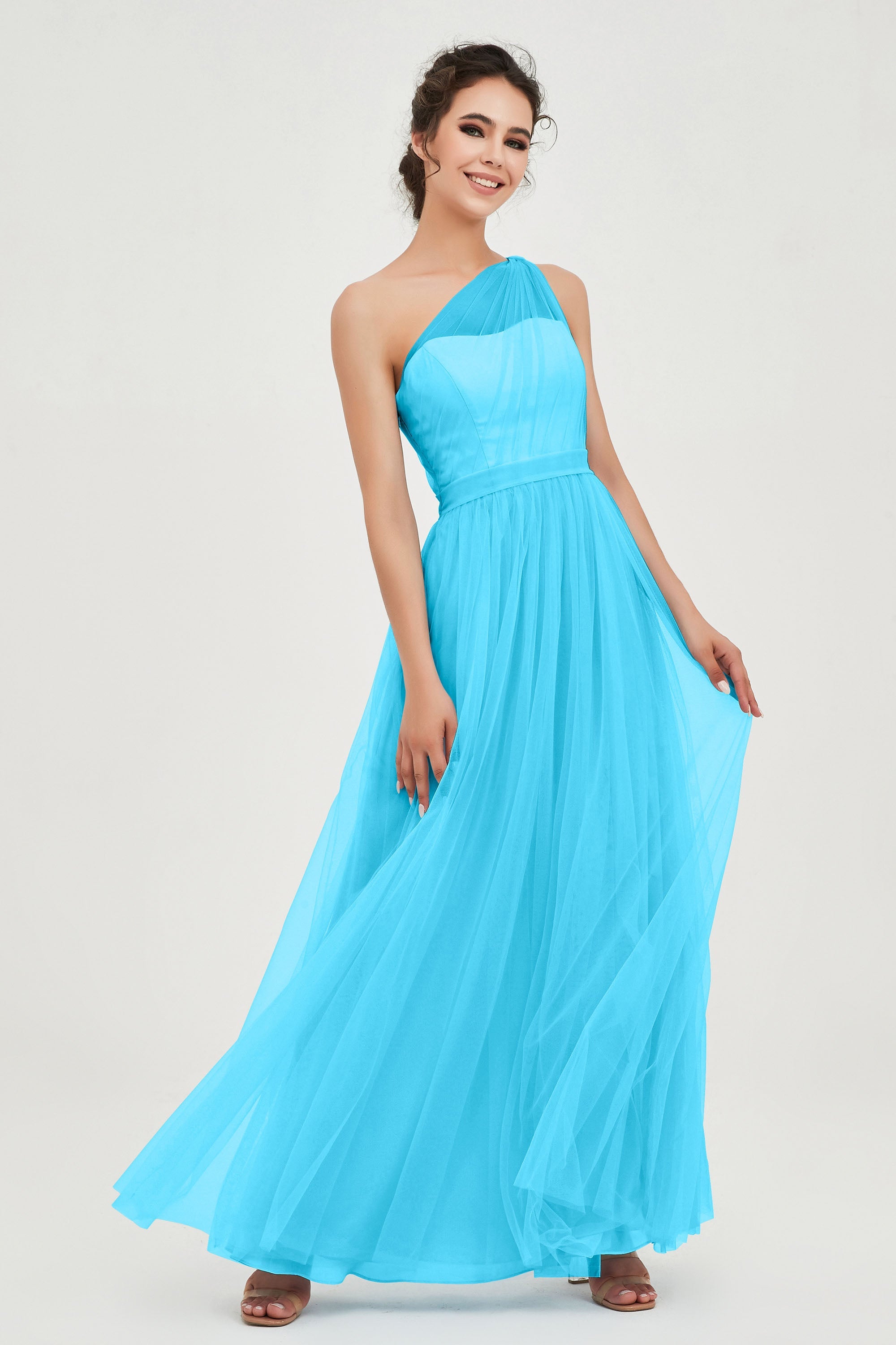 One Shoulder Tulle Ruched Bridesmaid Dress A Line Formal Evening Prom Dresses Gowns