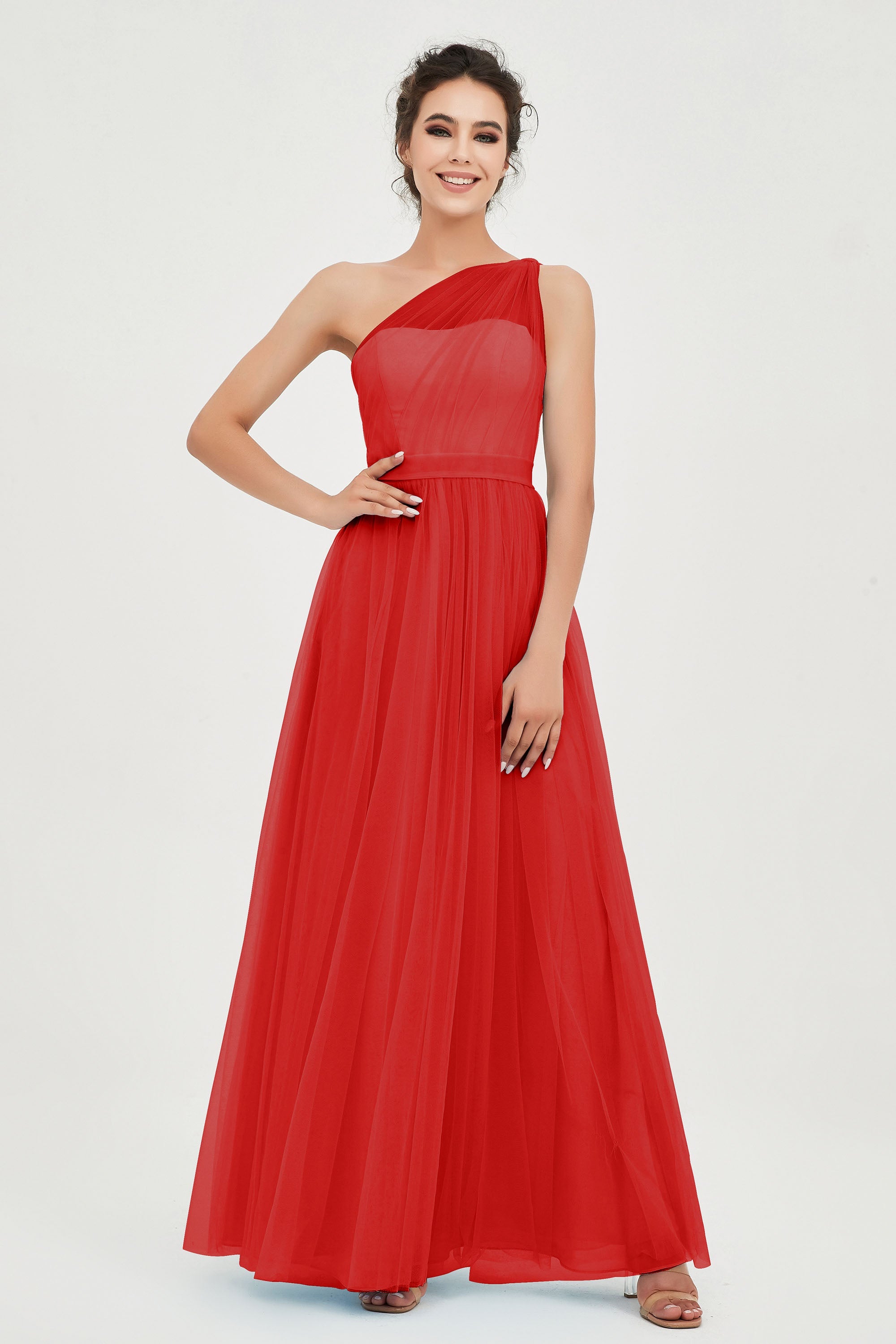 One Shoulder Tulle Ruched Bridesmaid Dress A Line Formal Evening Prom Dresses Gowns