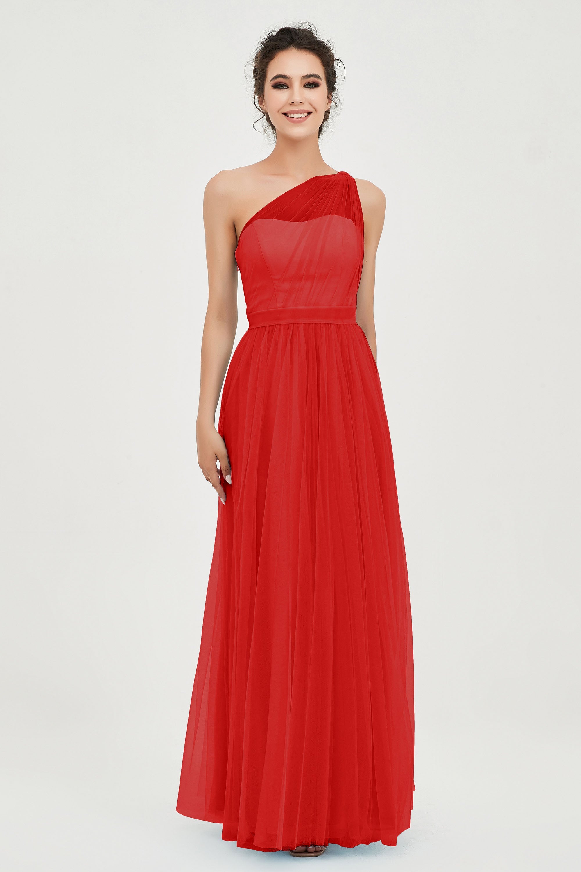 One Shoulder Tulle Ruched Bridesmaid Dress A Line Formal Evening Prom Dresses Gowns