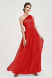 One Shoulder Tulle Ruched Bridesmaid Dress A Line Formal Evening Prom Dresses Gowns