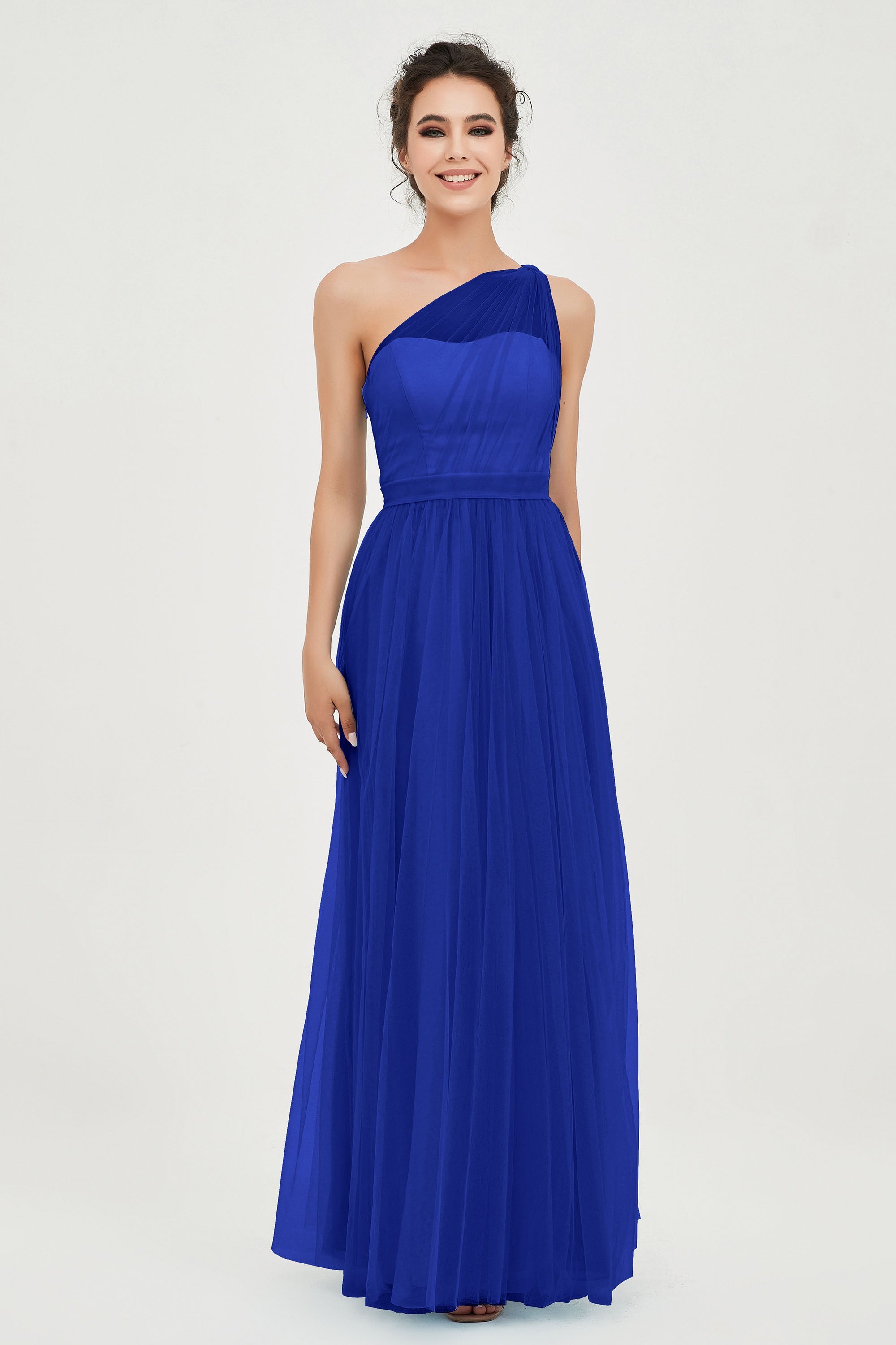 One Shoulder Tulle Ruched Bridesmaid Dress A Line Formal Evening Prom Dresses Gowns