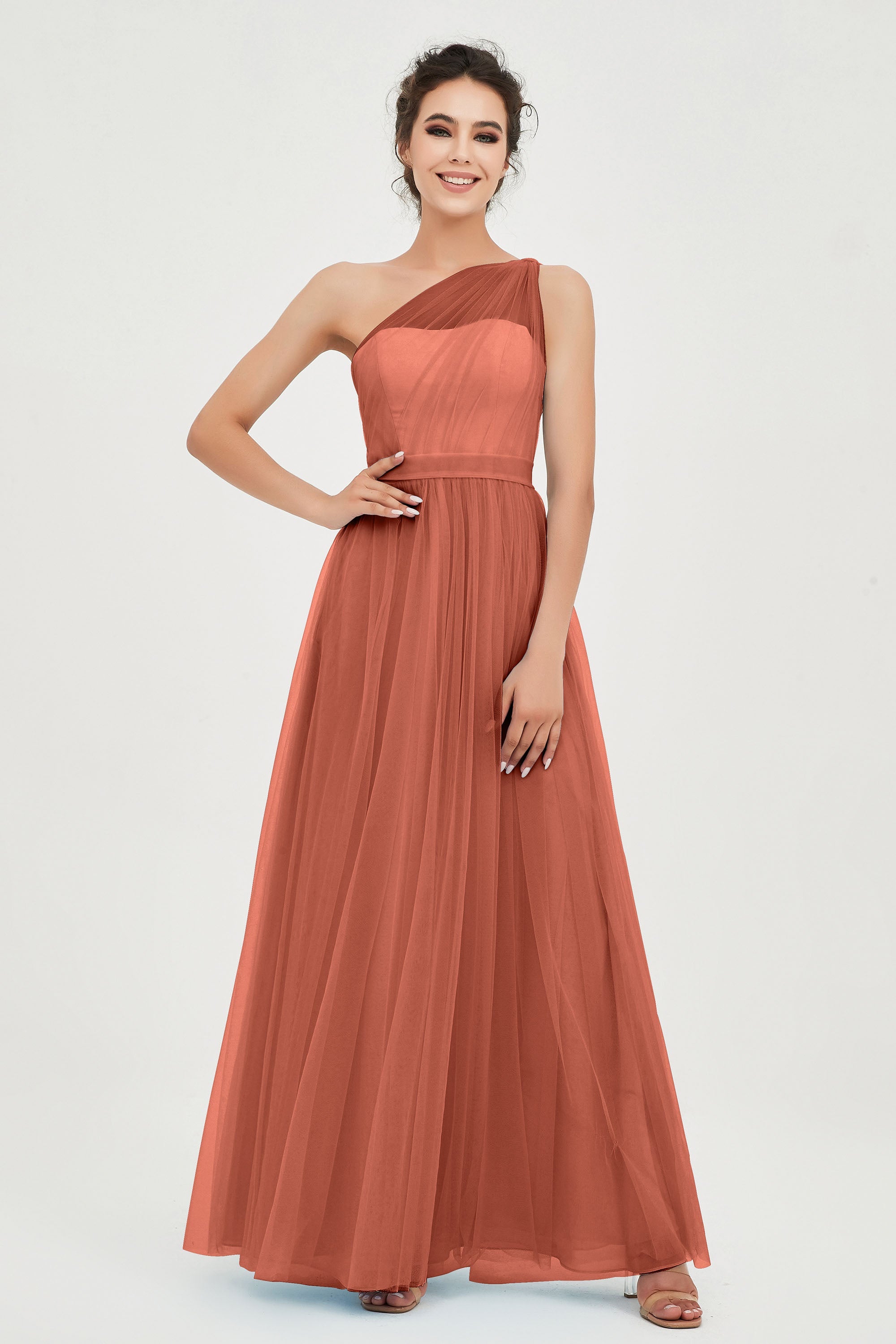 One Shoulder Tulle Ruched Bridesmaid Dress A Line Formal Evening Prom Dresses Gowns