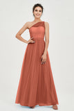 One Shoulder Tulle Ruched Bridesmaid Dress A Line Formal Evening Prom Dresses Gowns