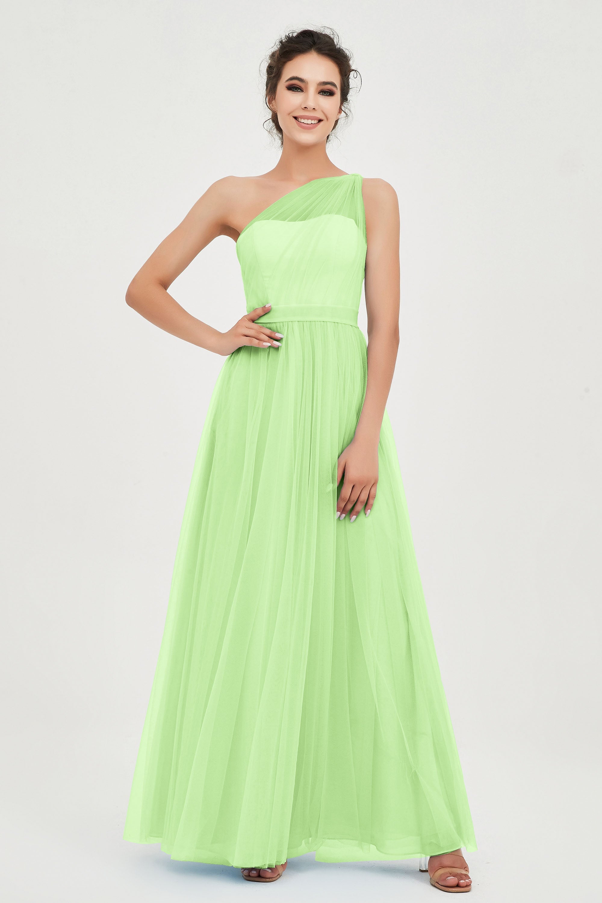 One Shoulder Tulle Ruched Bridesmaid Dress A Line Formal Evening Prom Dresses Gowns