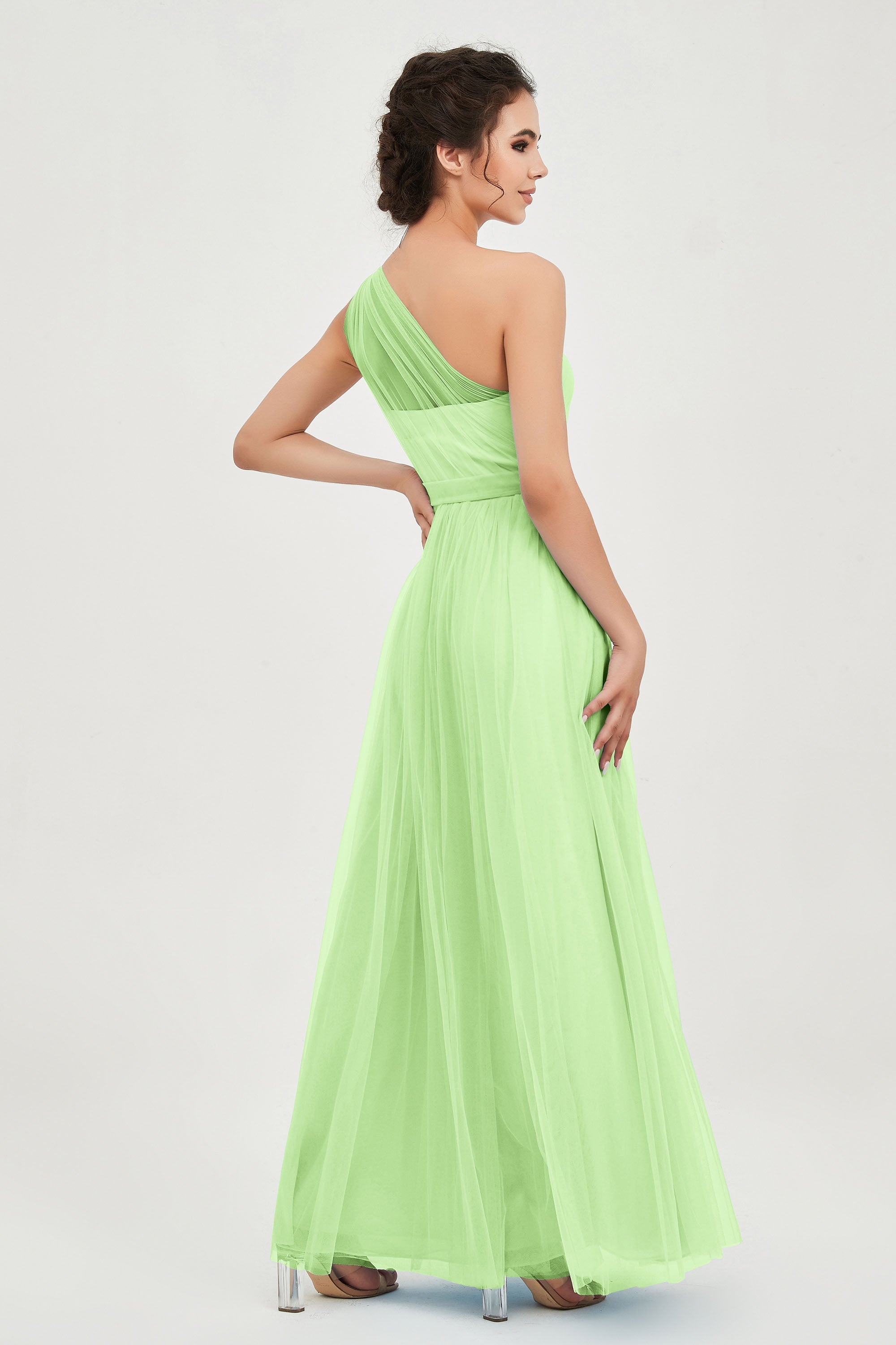 One Shoulder Tulle Ruched Bridesmaid Dress A Line Formal Evening Prom Dresses Gowns