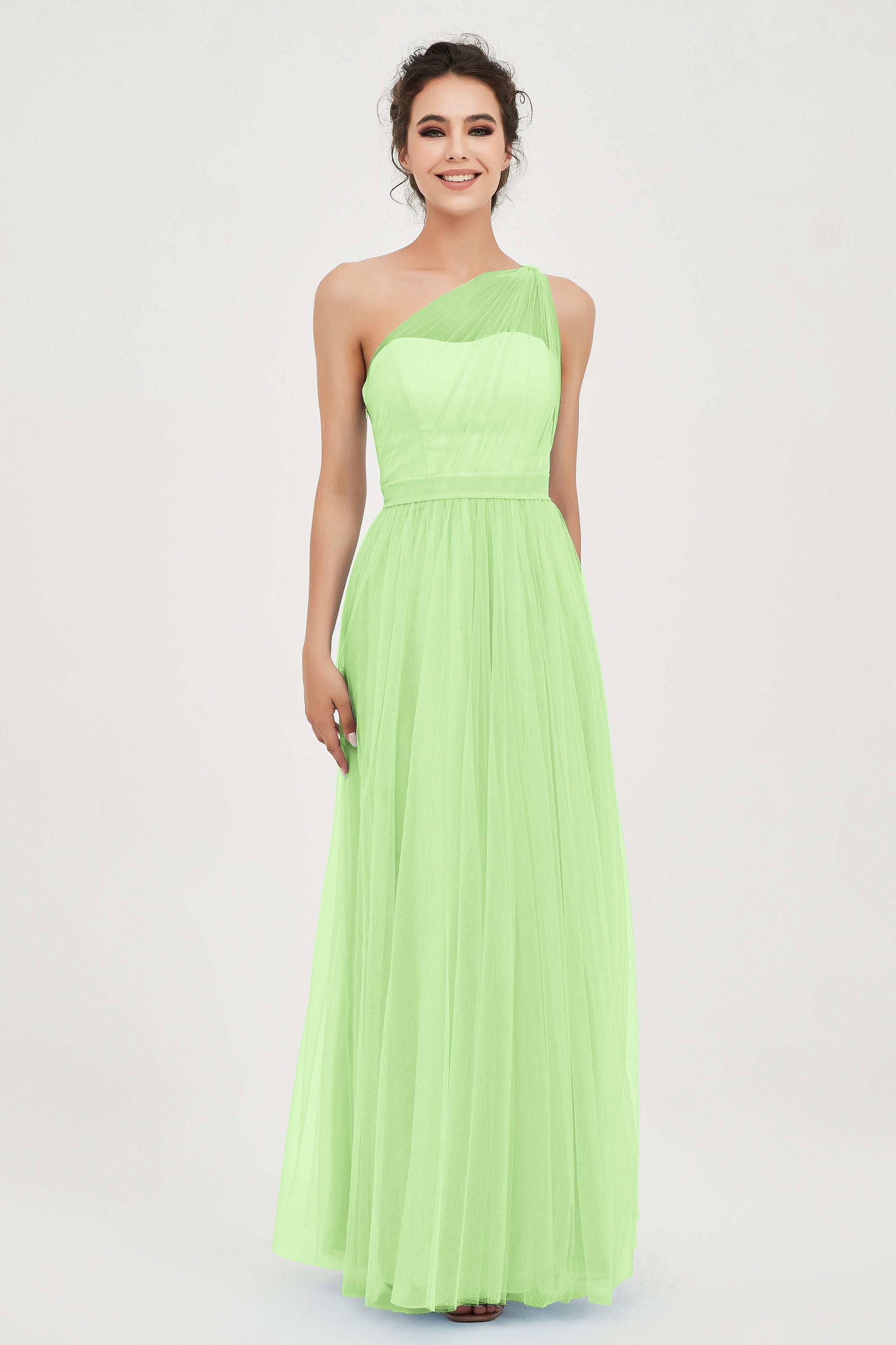 One Shoulder Tulle Ruched Bridesmaid Dress A Line Formal Evening Prom Dresses Gowns
