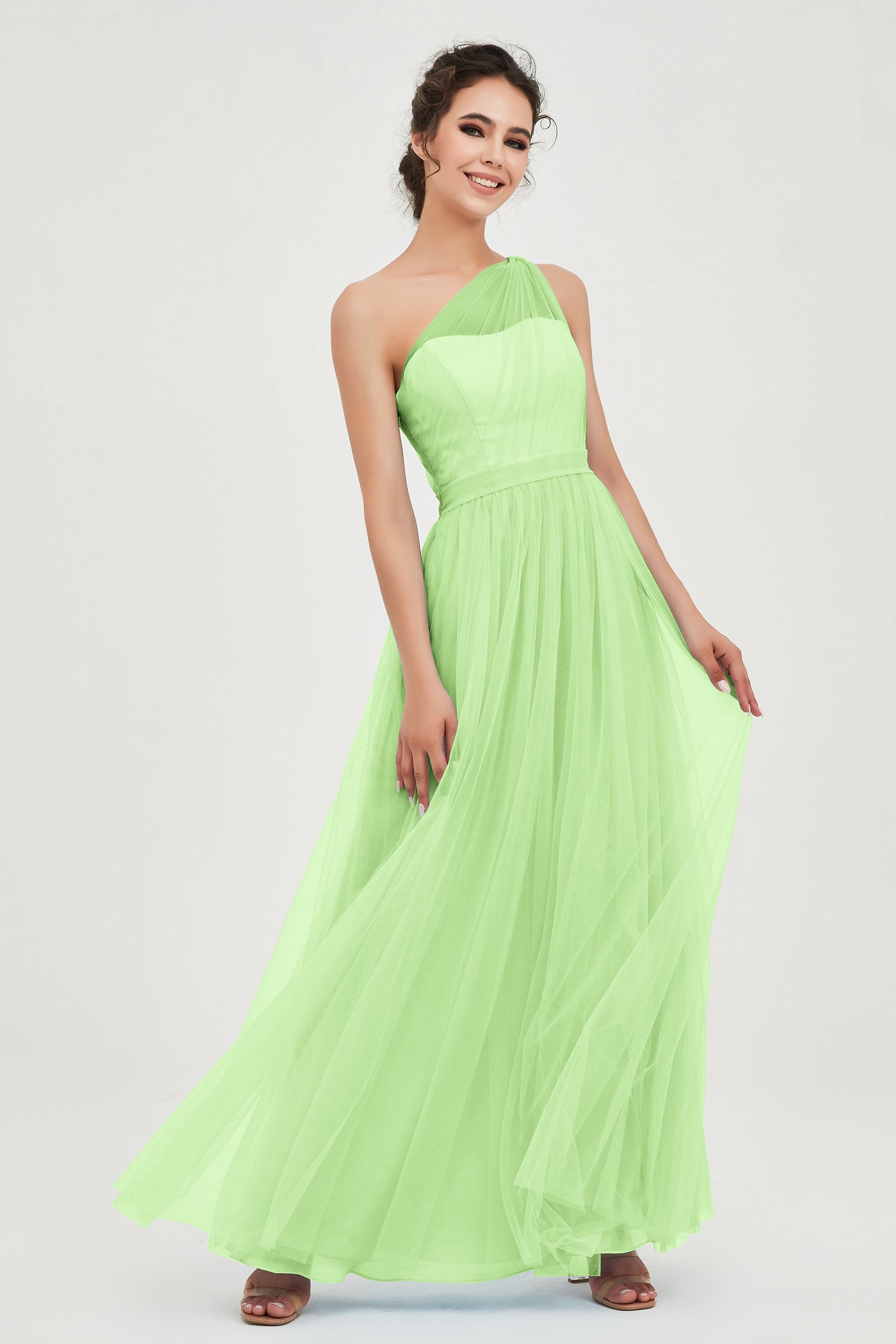 One Shoulder Tulle Ruched Bridesmaid Dress A Line Formal Evening Prom Dresses Gowns