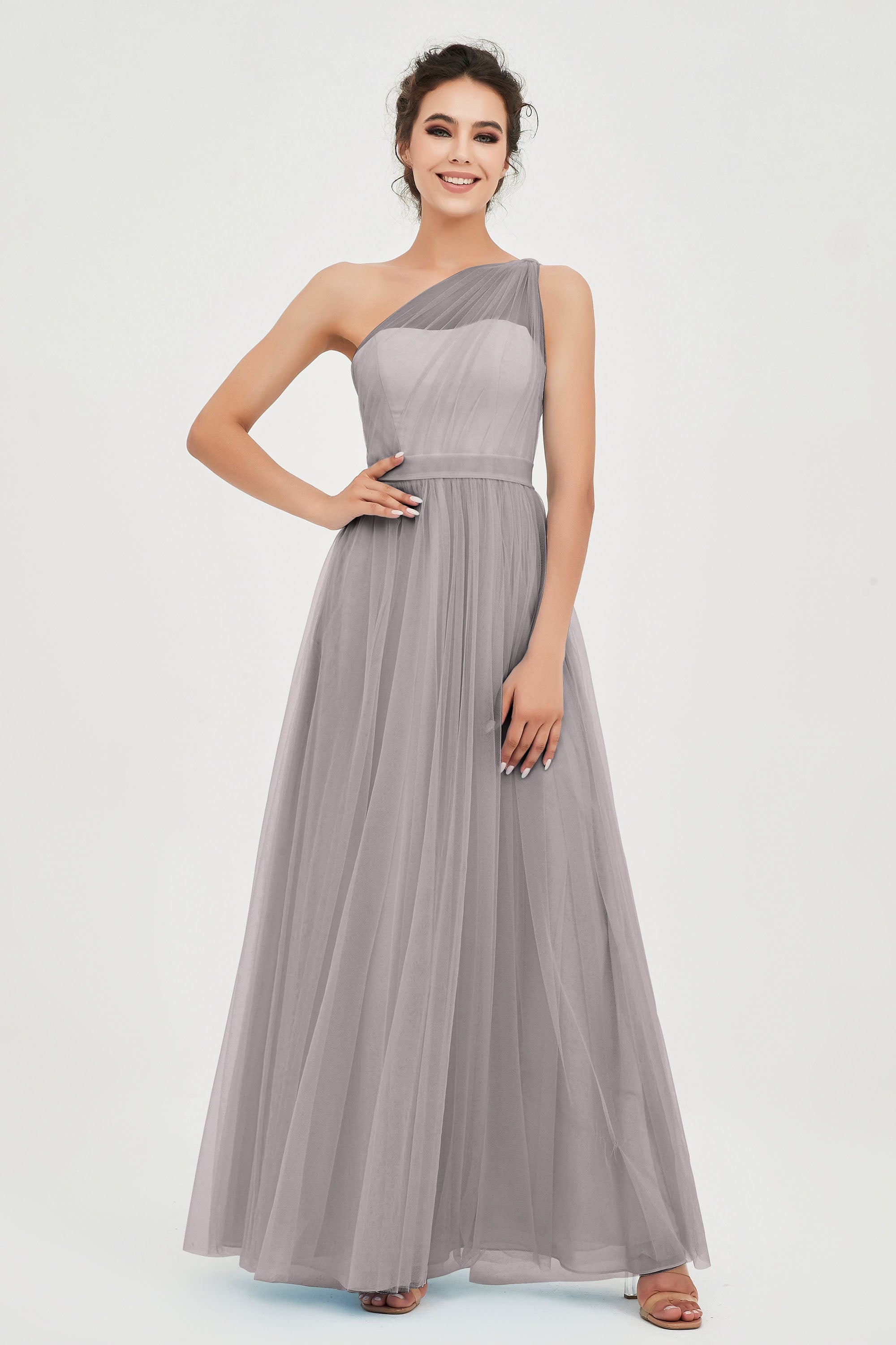 One Shoulder Tulle Ruched Bridesmaid Dress A Line Formal Evening Prom Dresses Gowns