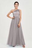 One Shoulder Tulle Ruched Bridesmaid Dress A Line Formal Evening Prom Dresses Gowns