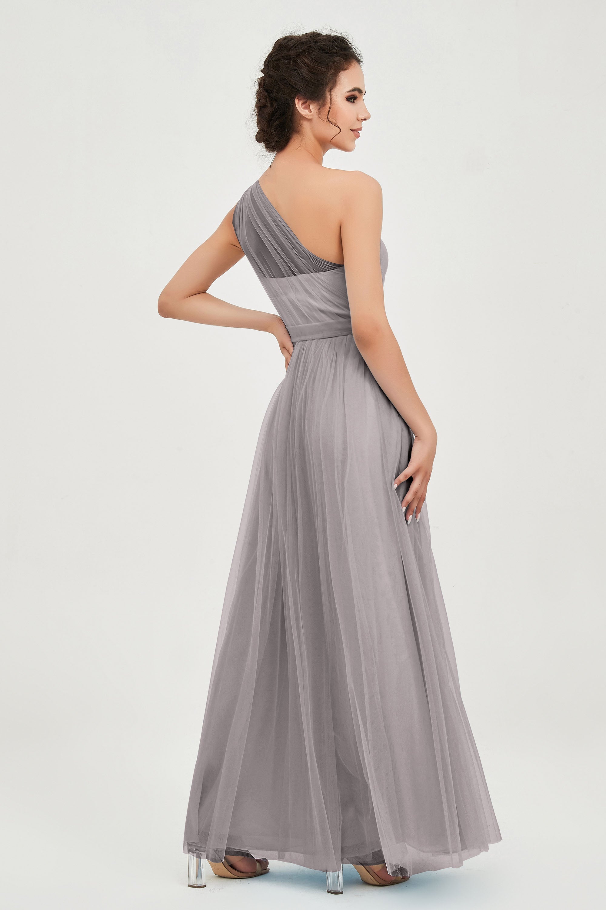 One Shoulder Tulle Ruched Bridesmaid Dress A Line Formal Evening Prom Dresses Gowns