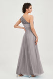 One Shoulder Tulle Ruched Bridesmaid Dress A Line Formal Evening Prom Dresses Gowns