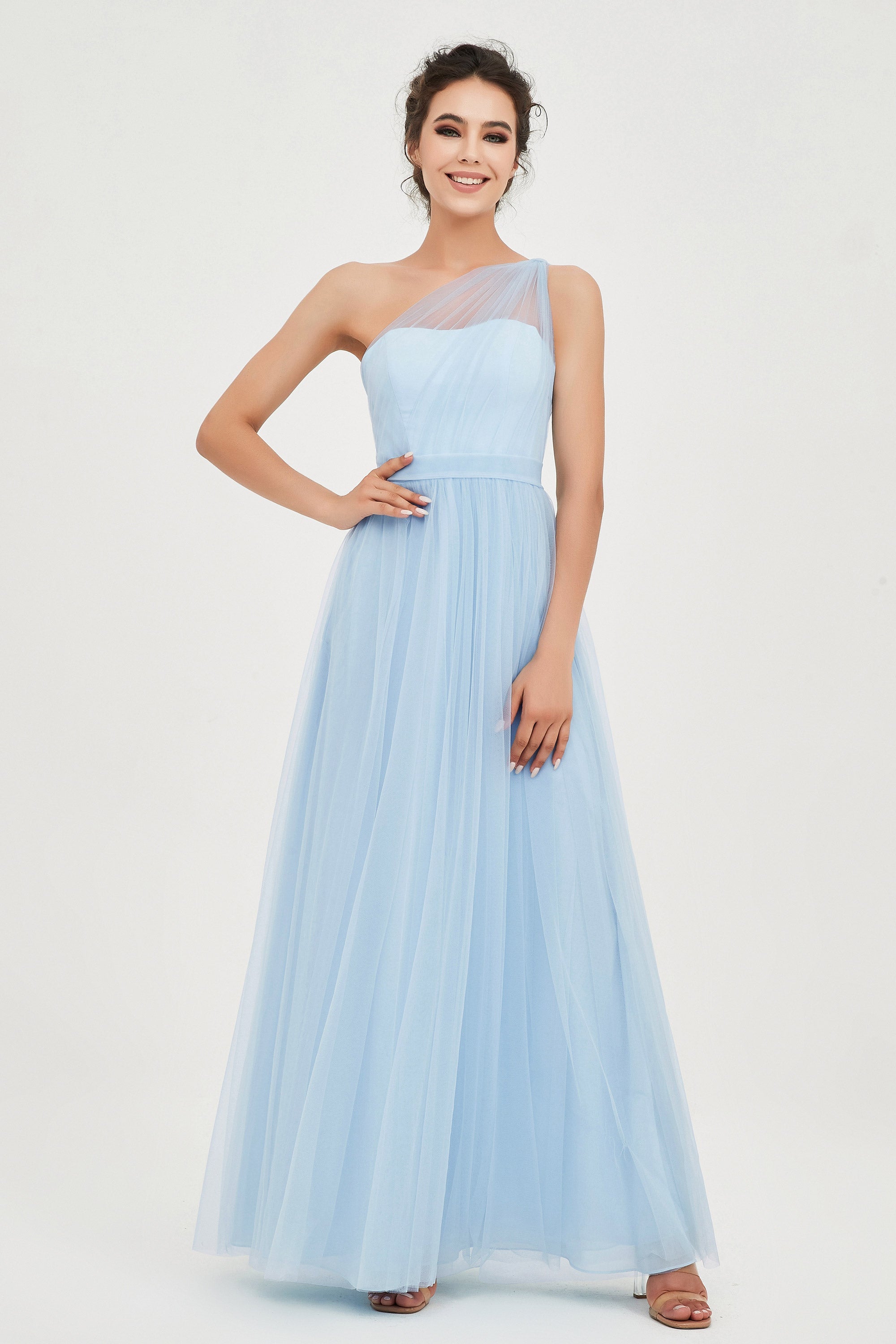 One Shoulder Tulle Ruched Bridesmaid Dress A Line Formal Evening Prom Dresses Gowns