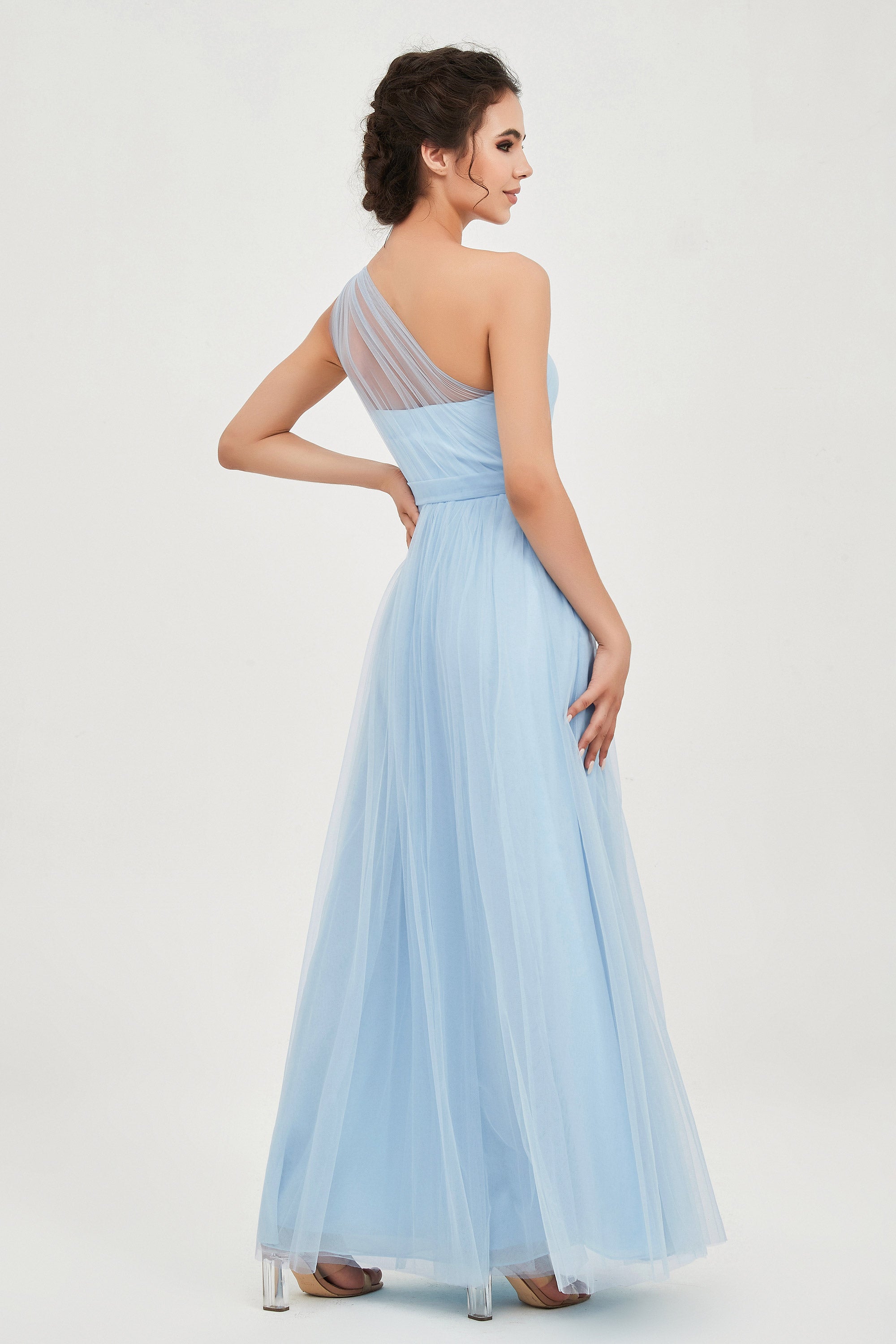 One Shoulder Tulle Ruched Bridesmaid Dress A Line Formal Evening Prom Dresses Gowns