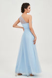 One Shoulder Tulle Ruched Bridesmaid Dress A Line Formal Evening Prom Dresses Gowns