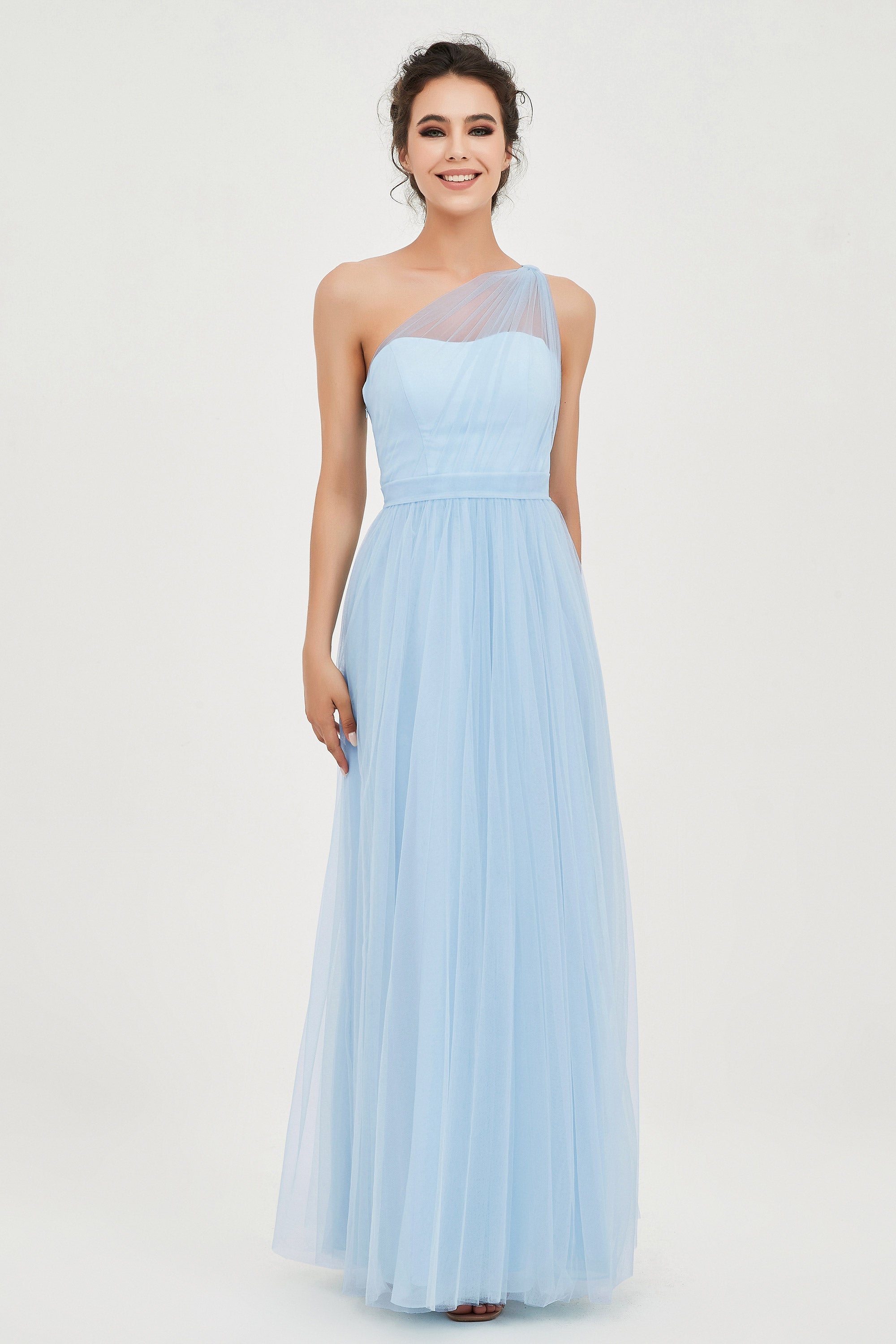 One Shoulder Tulle Ruched Bridesmaid Dress A Line Formal Evening Prom Dresses Gowns