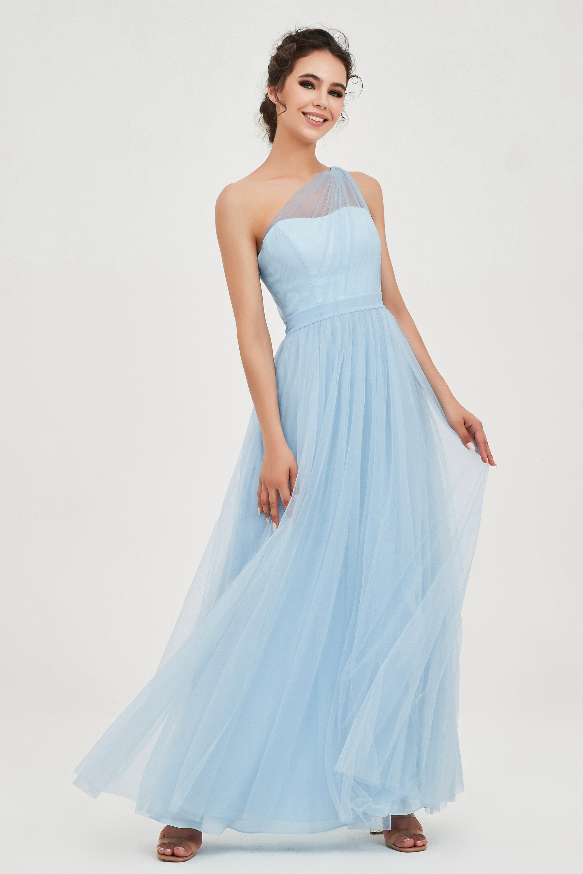 One Shoulder Tulle Ruched Bridesmaid Dress A Line Formal Evening Prom Dresses Gowns