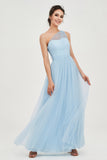 One Shoulder Tulle Ruched Bridesmaid Dress A Line Formal Evening Prom Dresses Gowns