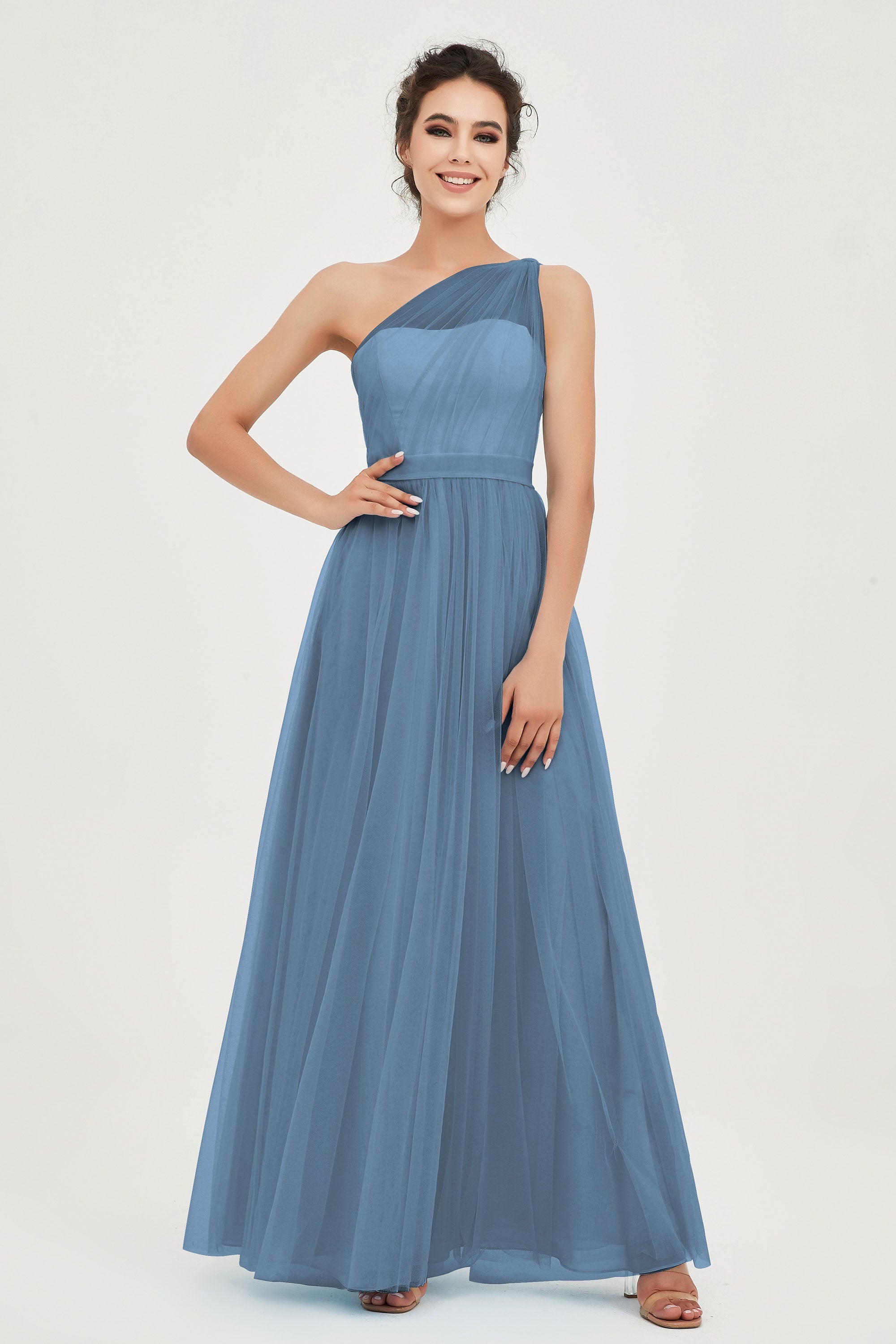 One Shoulder Tulle Ruched Bridesmaid Dress A Line Formal Evening Prom Dresses Gowns