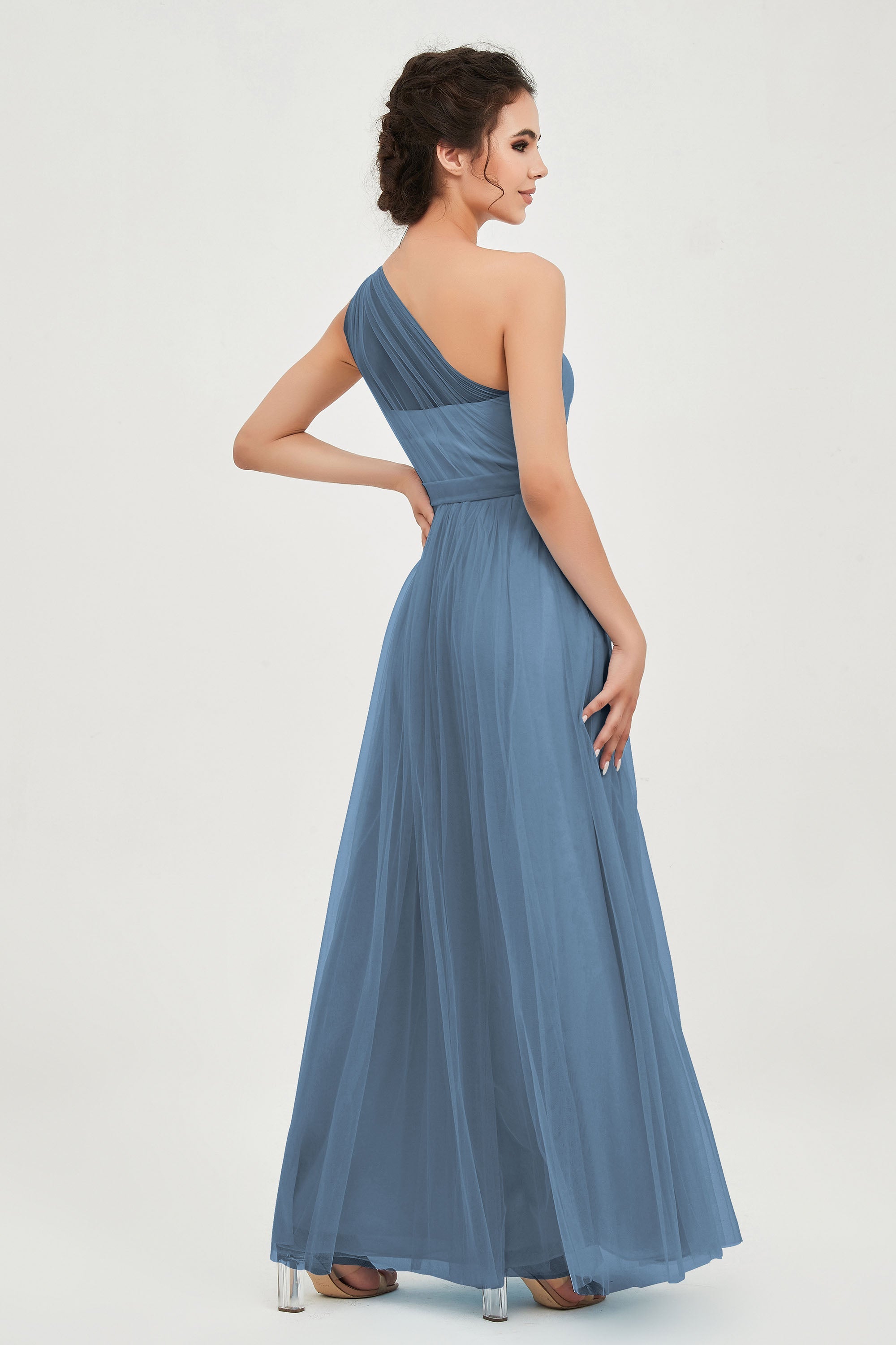 One Shoulder Tulle Ruched Bridesmaid Dress A Line Formal Evening Prom Dresses Gowns