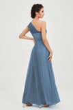One Shoulder Tulle Ruched Bridesmaid Dress A Line Formal Evening Prom Dresses Gowns