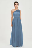 One Shoulder Tulle Ruched Bridesmaid Dress A Line Formal Evening Prom Dresses Gowns