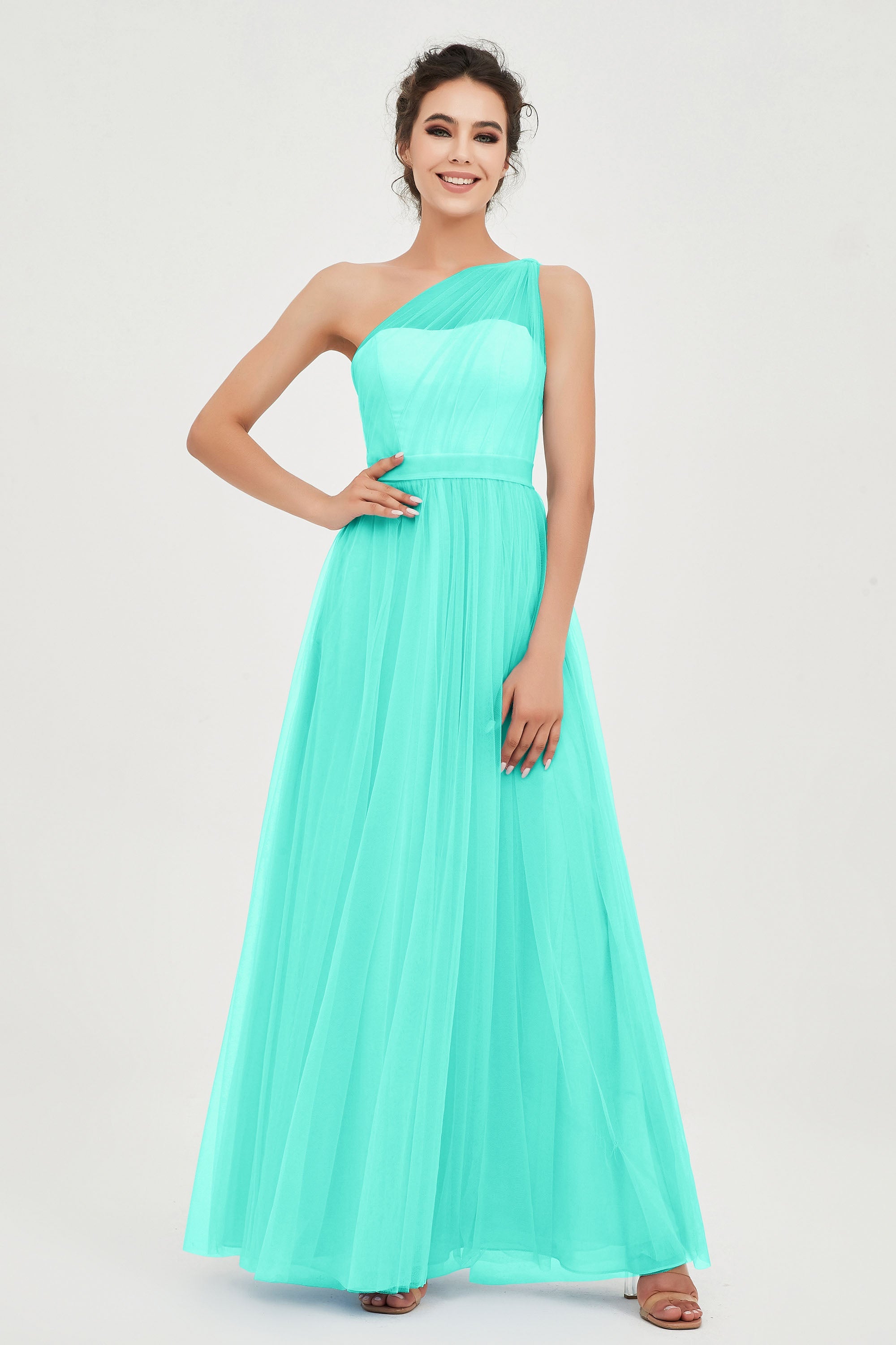 One Shoulder Tulle Ruched Bridesmaid Dress A Line Formal Evening Prom Dresses Gowns
