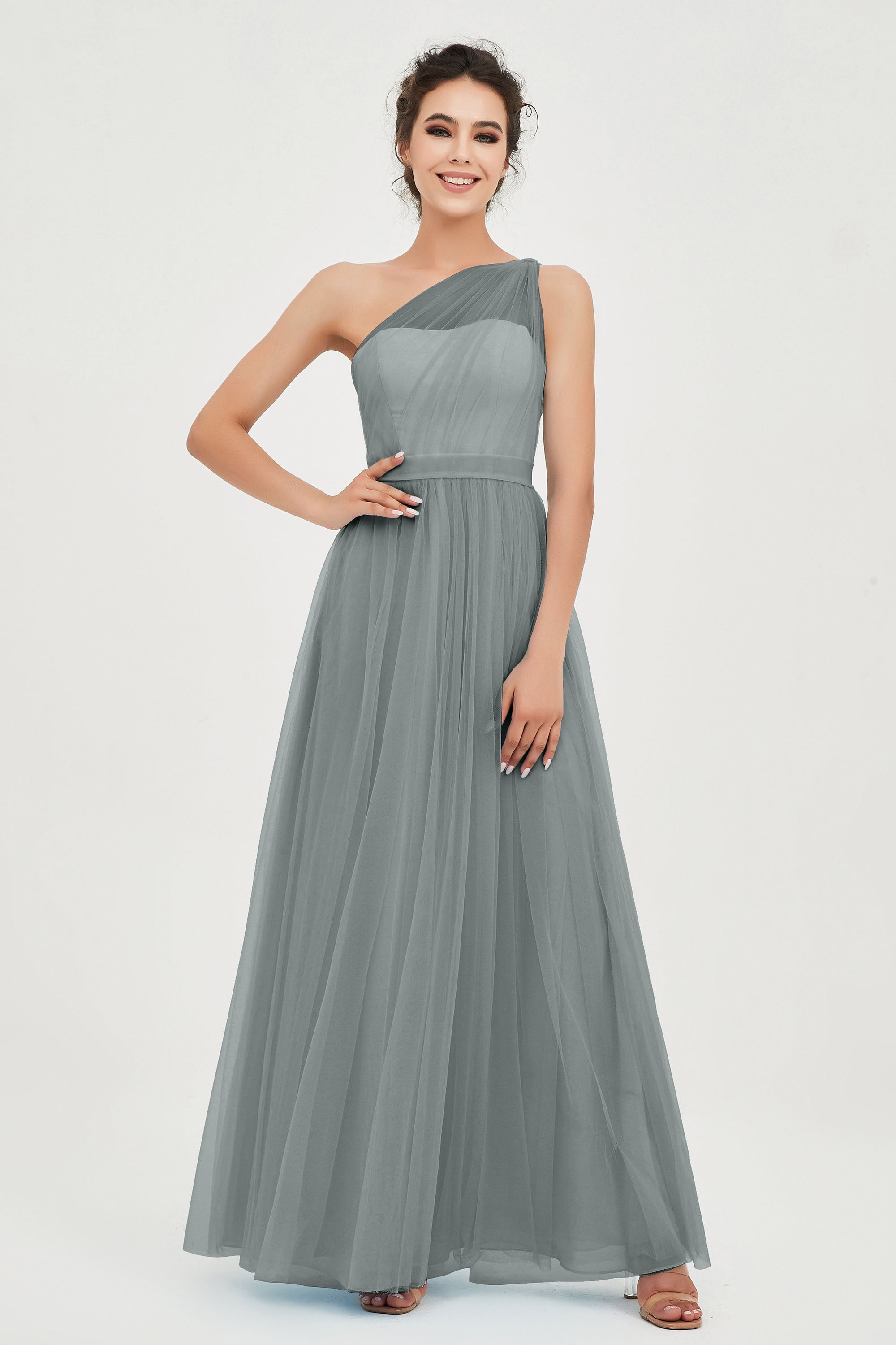 One Shoulder Tulle Ruched Bridesmaid Dress A Line Formal Evening Prom Dresses Gowns