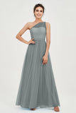 One Shoulder Tulle Ruched Bridesmaid Dress A Line Formal Evening Prom Dresses Gowns