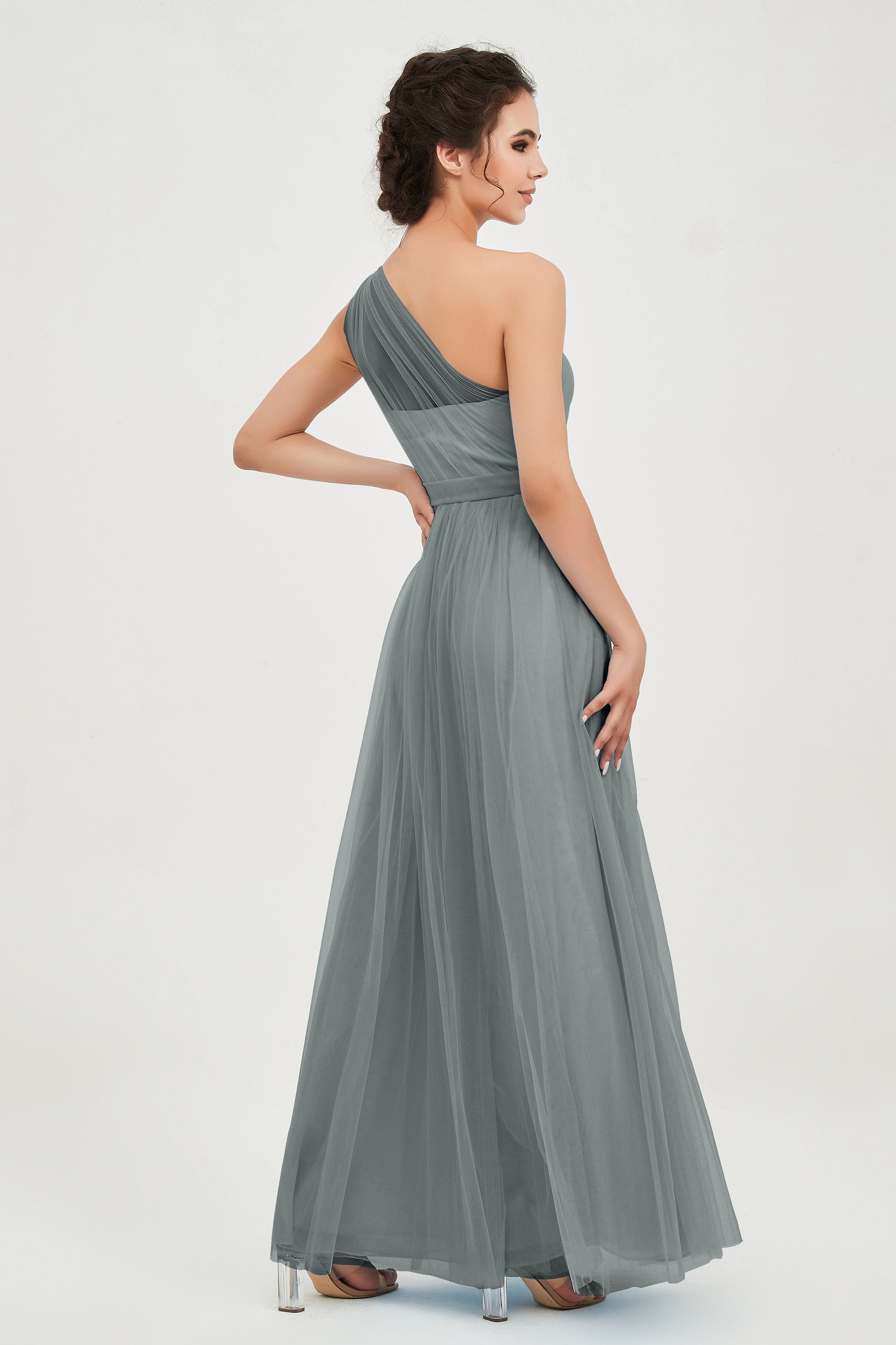 One Shoulder Tulle Ruched Bridesmaid Dress A Line Formal Evening Prom Dresses Gowns