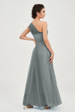 One Shoulder Tulle Ruched Bridesmaid Dress A Line Formal Evening Prom Dresses Gowns