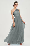 One Shoulder Tulle Ruched Bridesmaid Dress A Line Formal Evening Prom Dresses Gowns