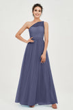 One Shoulder Tulle Ruched Bridesmaid Dress A Line Formal Evening Prom Dresses Gowns