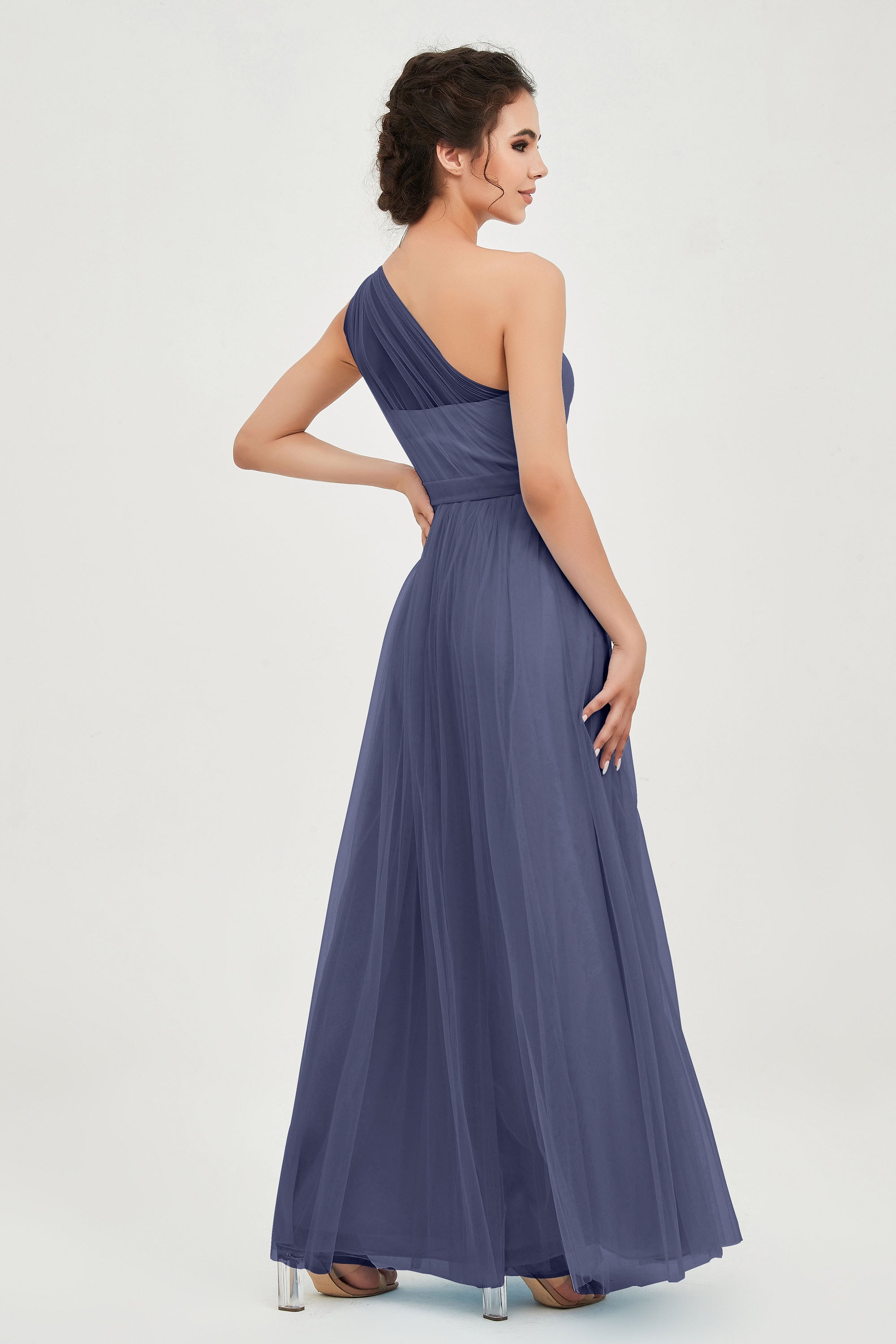 One Shoulder Tulle Ruched Bridesmaid Dress A Line Formal Evening Prom Dresses Gowns