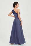 One Shoulder Tulle Ruched Bridesmaid Dress A Line Formal Evening Prom Dresses Gowns