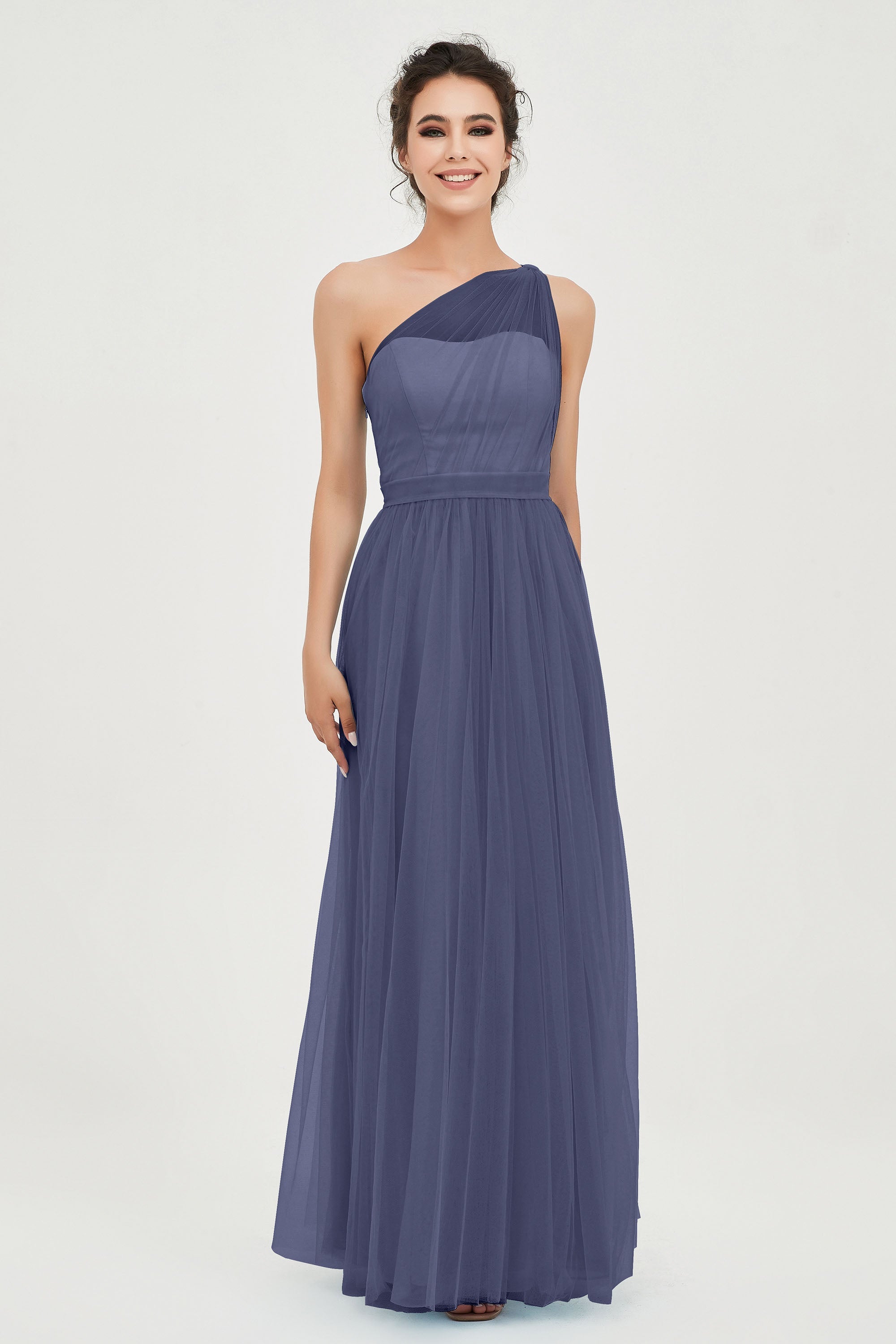 One Shoulder Tulle Ruched Bridesmaid Dress A Line Formal Evening Prom Dresses Gowns