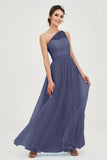 One Shoulder Tulle Ruched Bridesmaid Dress A Line Formal Evening Prom Dresses Gowns