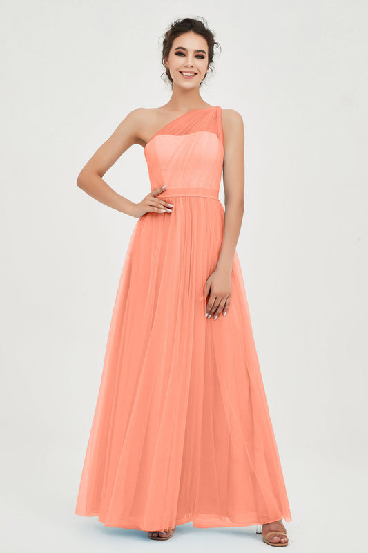 One Shoulder Tulle Ruched Bridesmaid Dress A Line Formal Evening Prom Dresses Gowns
