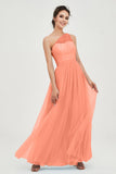 One Shoulder Tulle Ruched Bridesmaid Dress A Line Formal Evening Prom Dresses Gowns