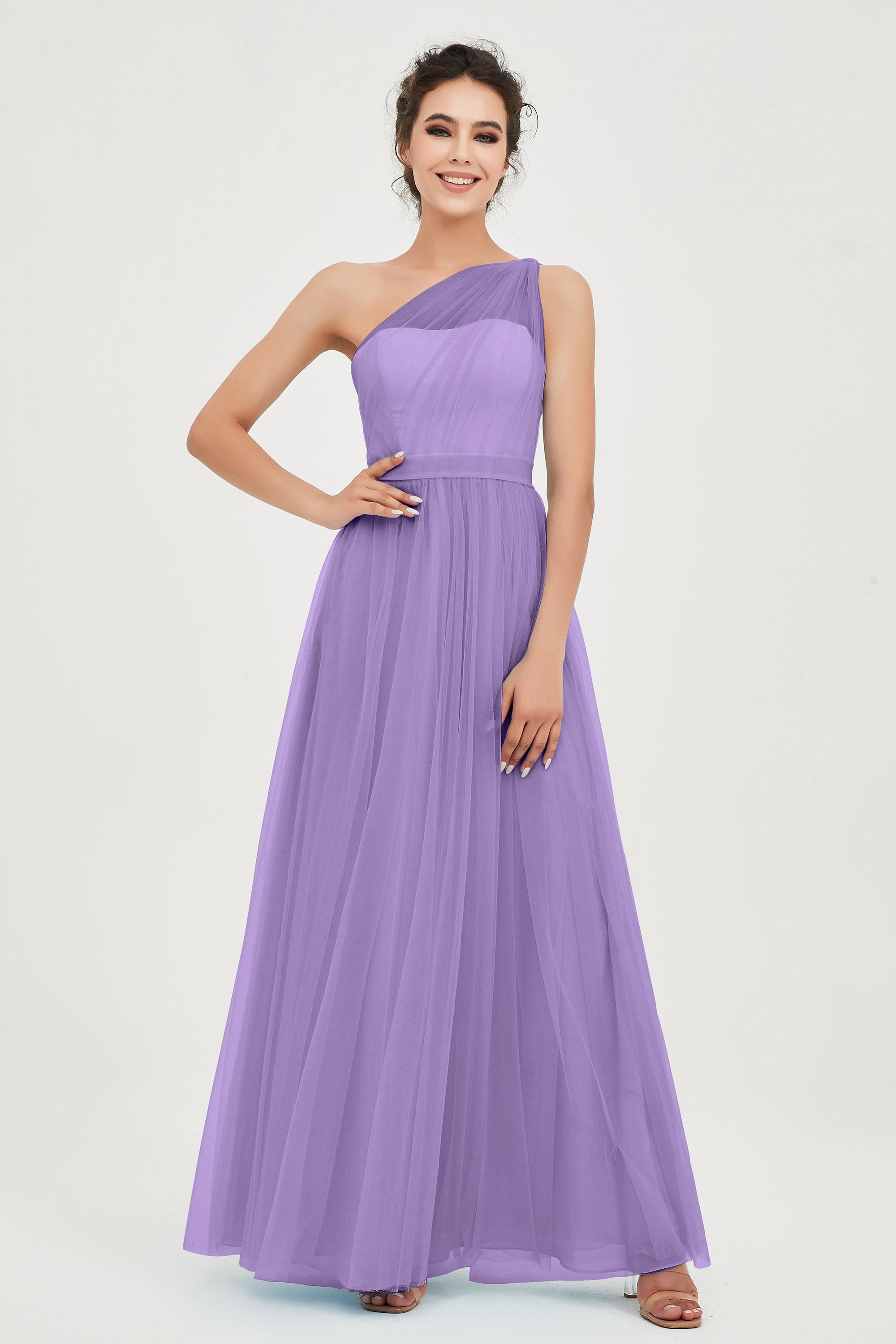 One Shoulder Tulle Ruched Bridesmaid Dress A Line Formal Evening Prom Dresses Gowns