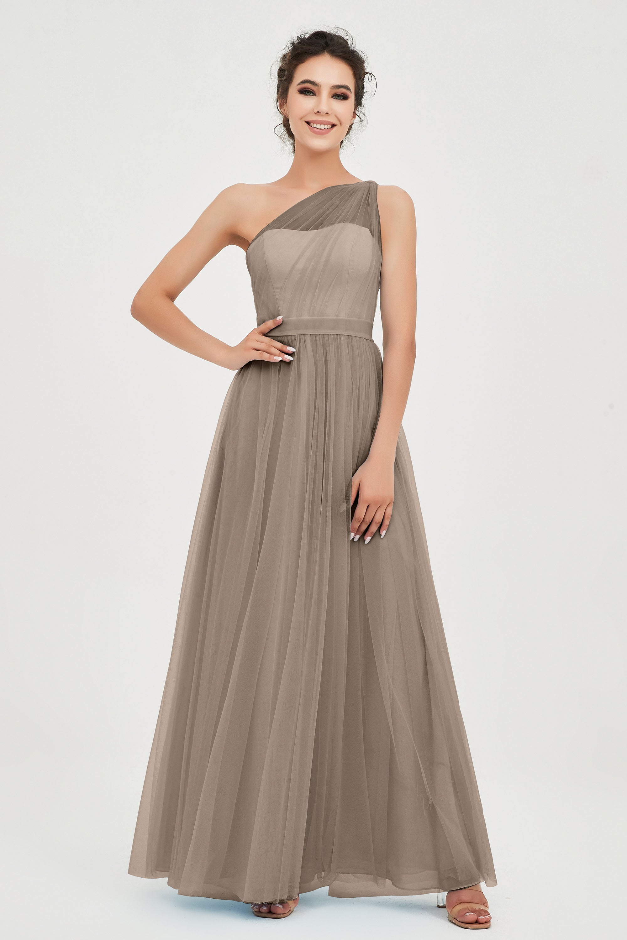 One Shoulder Tulle Ruched Bridesmaid Dress A Line Formal Evening Prom Dresses Gowns