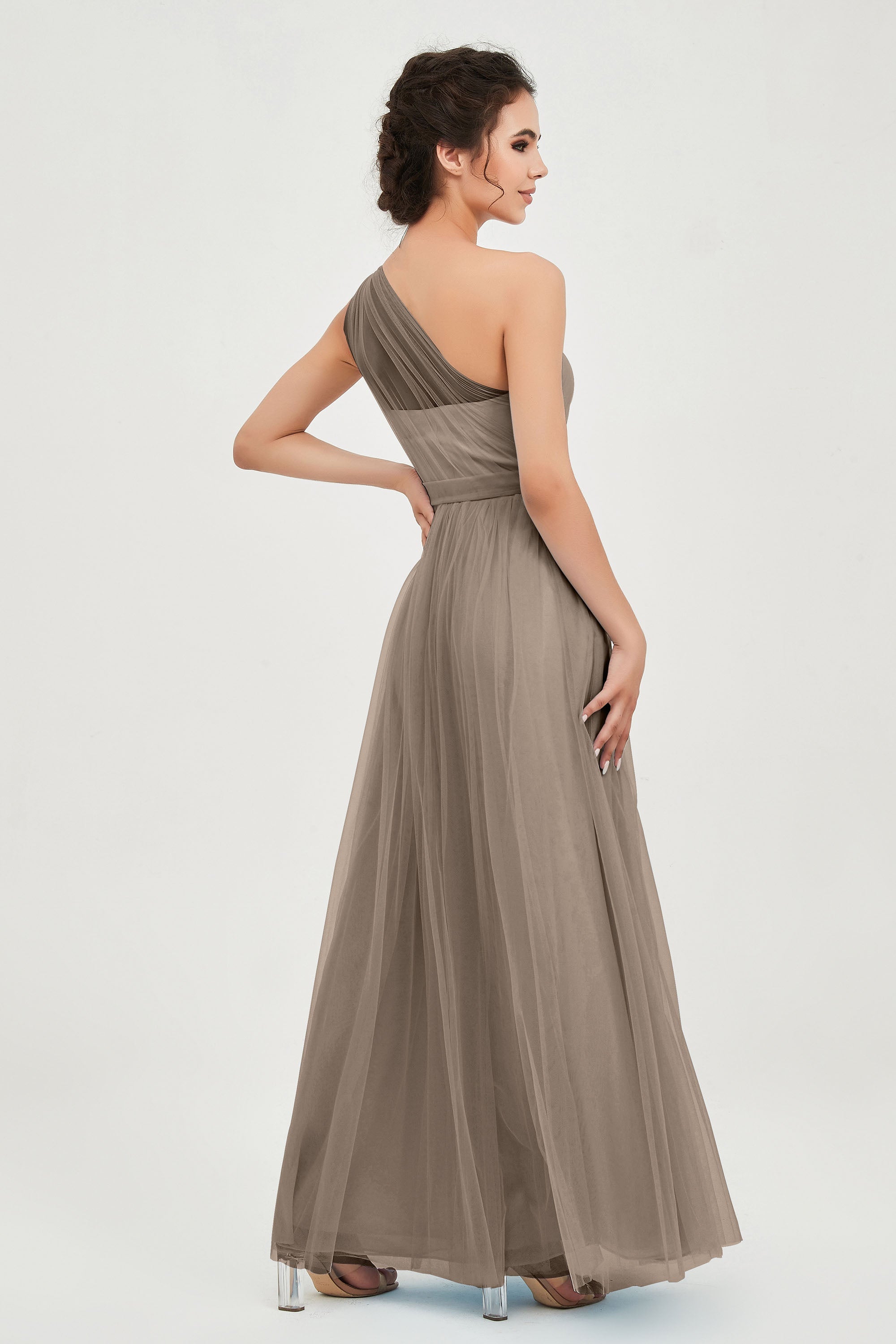 One Shoulder Tulle Ruched Bridesmaid Dress A Line Formal Evening Prom Dresses Gowns