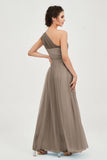 One Shoulder Tulle Ruched Bridesmaid Dress A Line Formal Evening Prom Dresses Gowns