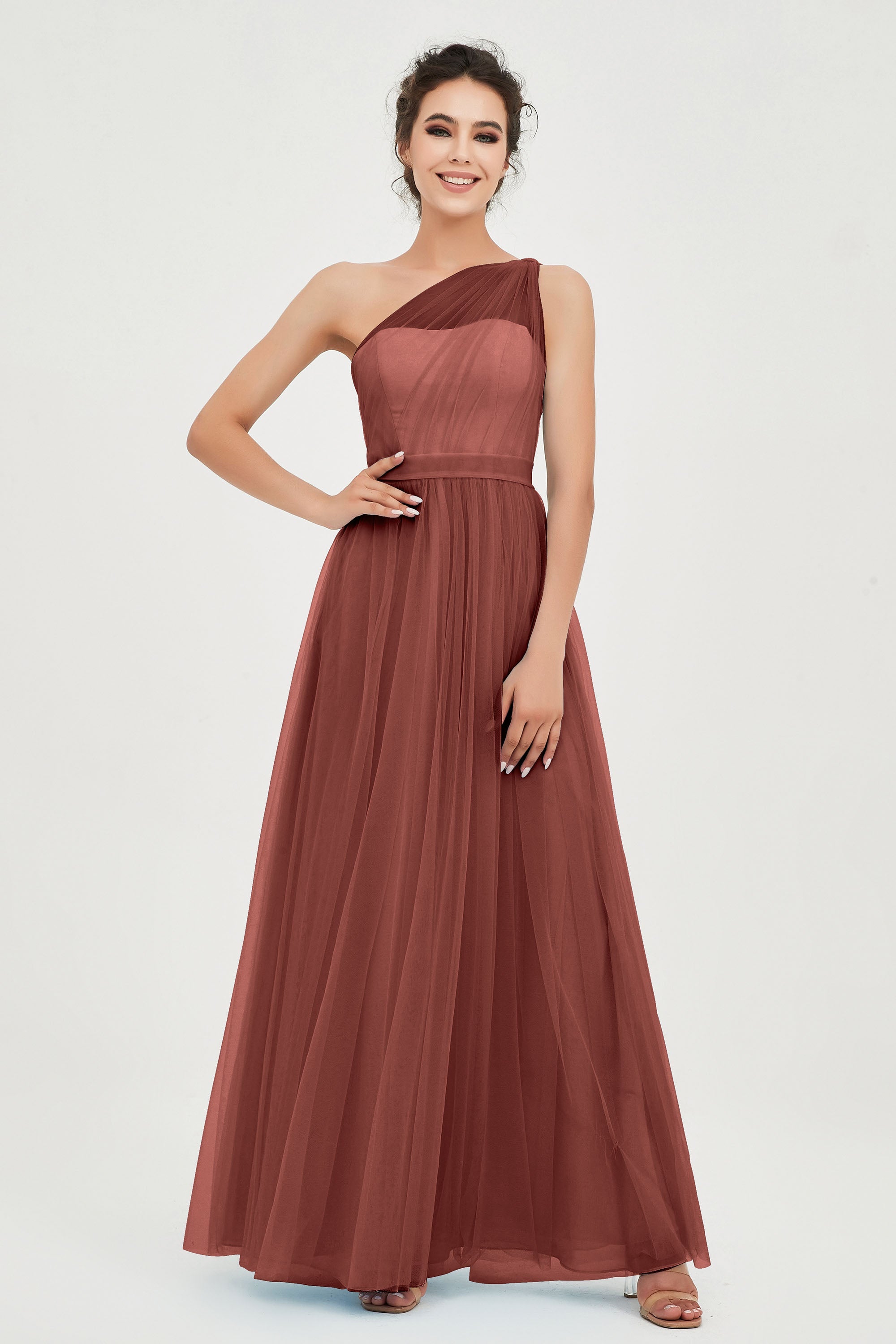 One Shoulder Tulle Ruched Bridesmaid Dress A Line Formal Evening Prom Dresses Gowns