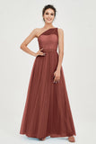 One Shoulder Tulle Ruched Bridesmaid Dress A Line Formal Evening Prom Dresses Gowns