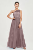 One Shoulder Tulle Ruched Bridesmaid Dress A Line Formal Evening Prom Dresses Gowns